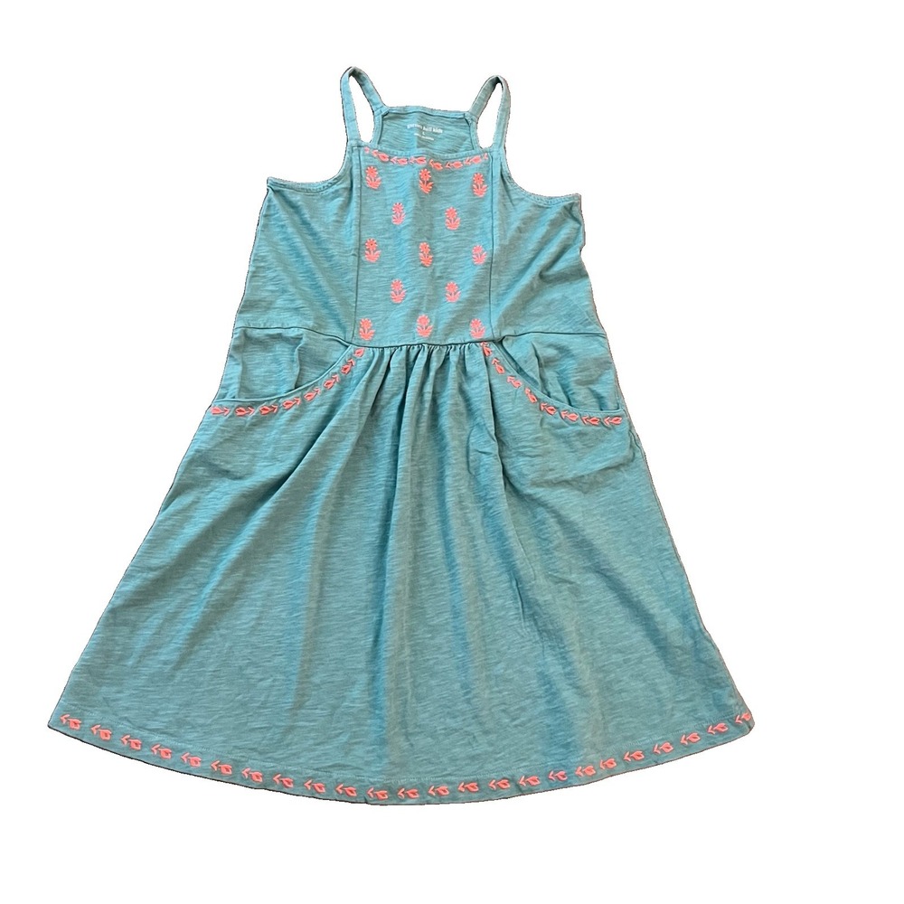 Garnet Hill Kids Dress Large Embroidered Organic Cotton Green Orange Pockets